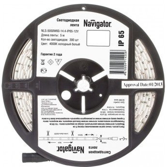 Лента светодиодная NAVIGATOR LEDх60/м 5м 14.4w/m 12В белый