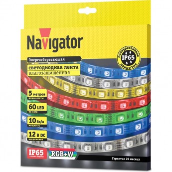 Лента NAVIGATOR серии NLS-5050RGBW60-10-IP65-12V большее количество оттенков, а также чистый белый свет