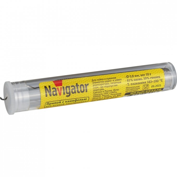 Припой с канифолью NAVIGATOR (POS-61, KOLBA, 0.8 MM, 10 GR) NEM-Pos01-61K-0.8-F10