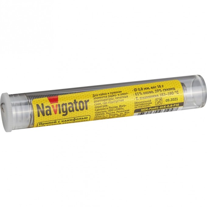 Припой с канифолью NAVIGATOR (POS-61, KOLBA, 0.8 MM, 16 GR) NEM-Pos01-61K-0.8-F16