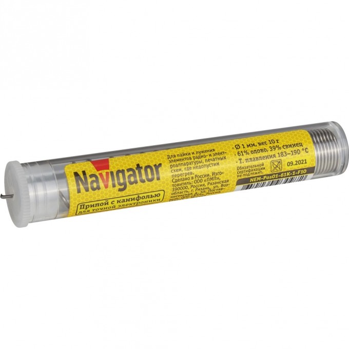 Припой с канифолью NAVIGATOR (POS-61, KOLBA, 1 MM, 10 GR) NEM-Pos01-61K-1-F10