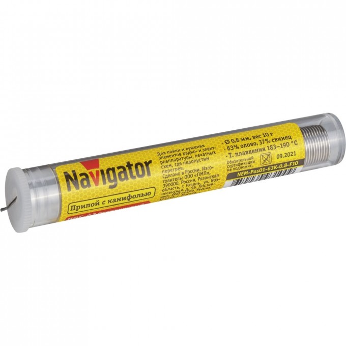 Припой с канифолью NAVIGATOR (POS-63, KOLBA, 0.8 MM, 10 GR) NEM-Pos01-63K-0.8-F10